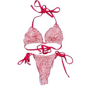 Frankies Bikinis x VS PINK Red Leopard Scalloped Triangle Bikini Set Medium NWT